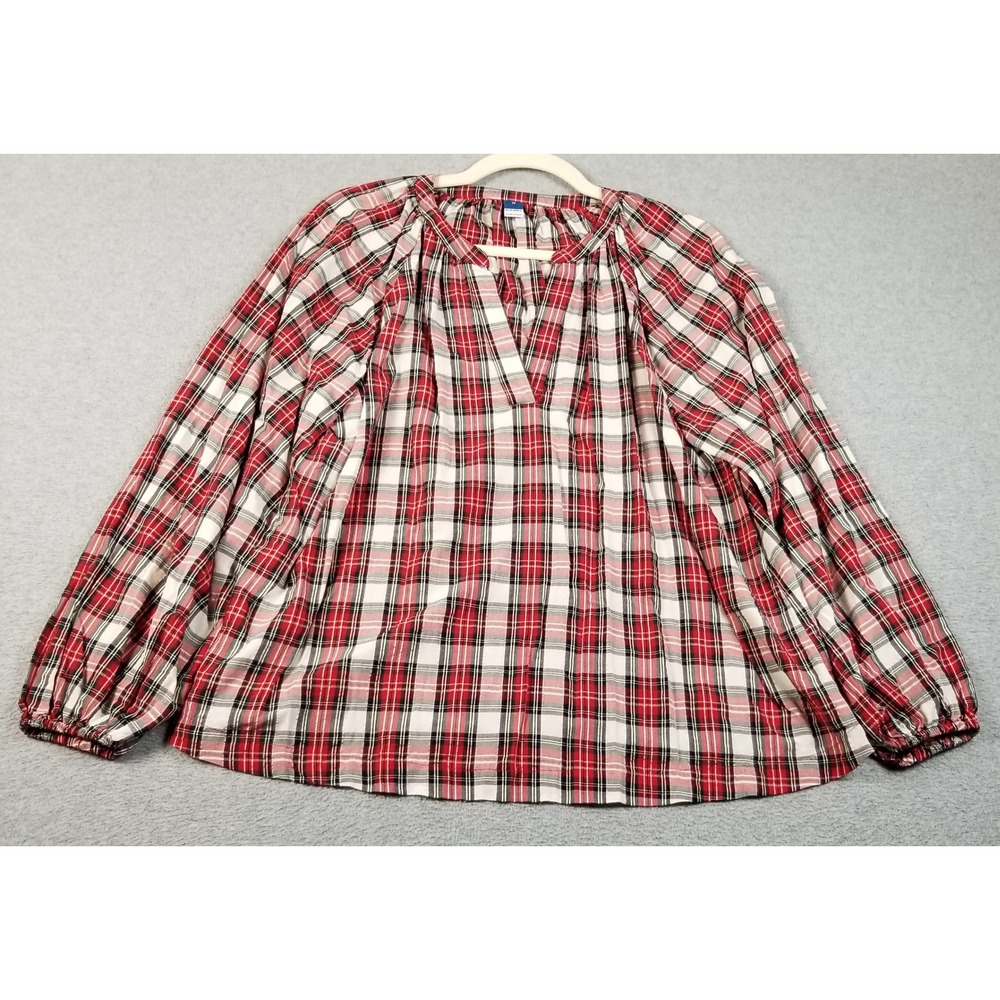 Old Navy Blouse Women's Medium M Red Tartan Plaid Long Sleeve Seersucker Preppy